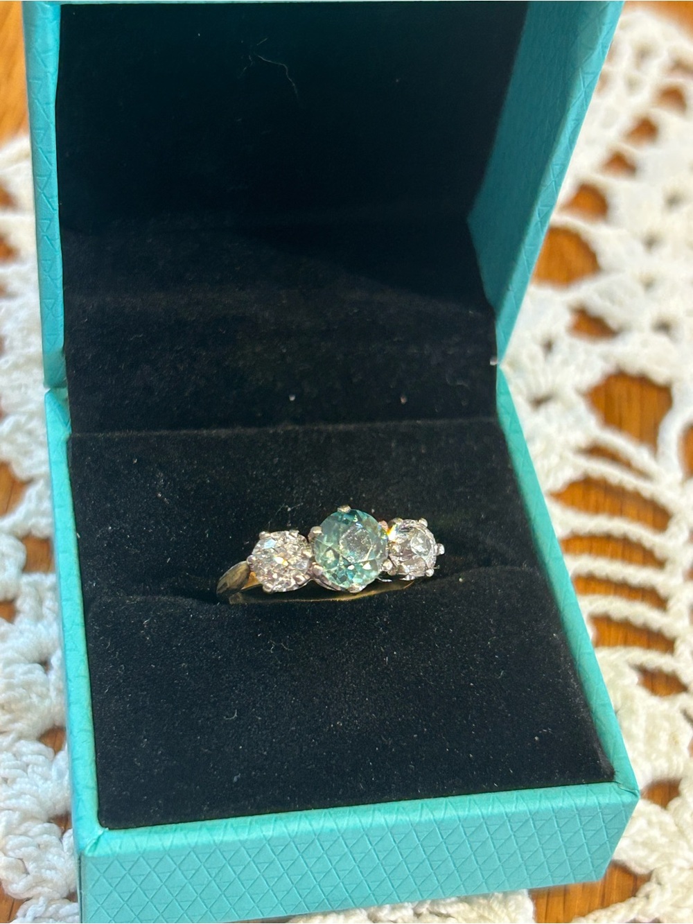 Antique 18k YG & platinum natural 1 carat blue zircon 1ctw diamond ring size 5.5